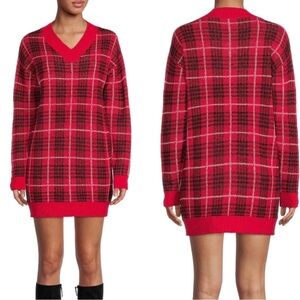 No Boundaries Red and Black Plaid V-Neck Sweater